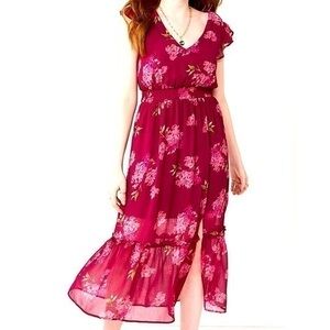 NWT REWIND PINK FLORAL MIDI DRESS SLIT UP SIDE SUBTLE RUFFLES SZ L